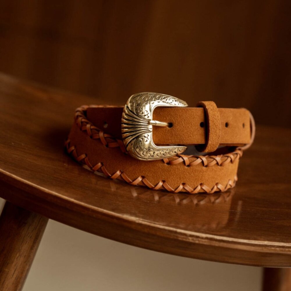 NWT Women's Western Tan 100% Leather Suede Belt Gold Buckle Size 85